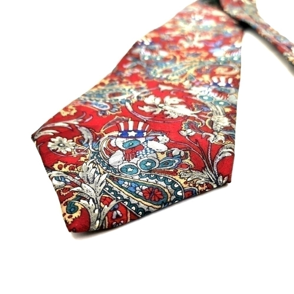 100% Silk Rene Patriotic Paisley Colorful Traditional Long Neck Tie - Picture 2 of 7